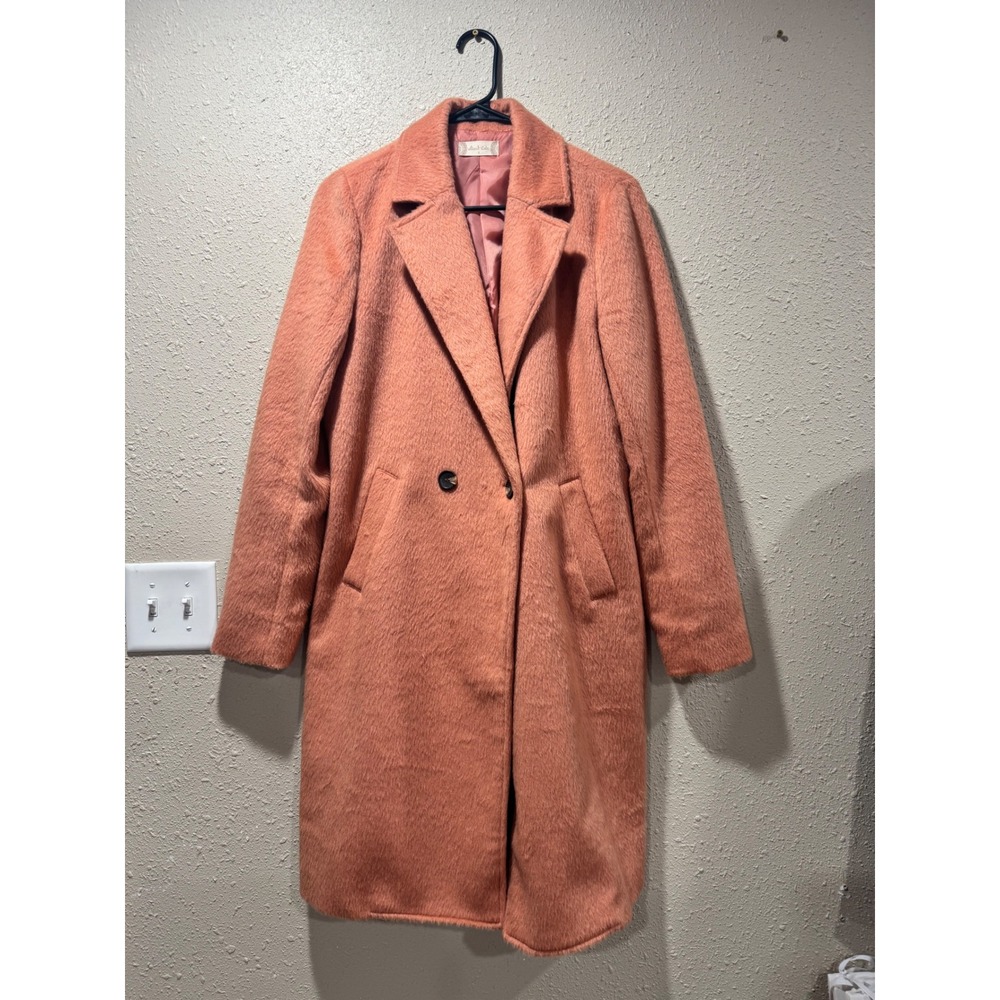 Altar'd‎ State Womens Salmon Pink Fuzzy Textured Double Breasted Long Coat Small